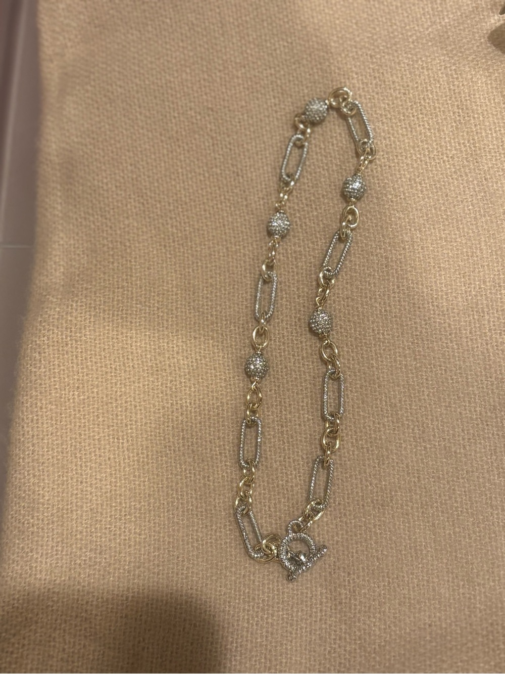 Gold and Silver Chain Link Necklace with Rhinestone Balls & Toggle Clasp